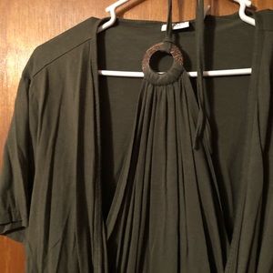 Olive Green tie around neck top pairs well w/ jean